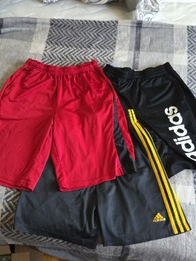 adidas Red and Black Kids Athletic Shorts with Yellow Stripe